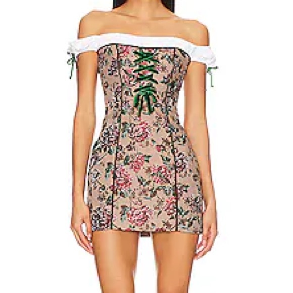 MAJORELLE Dresses & Skirts - MAJORELLE Off-Shoulder Floral Lace-Up Mini Dress in Beige, Pink and Green
